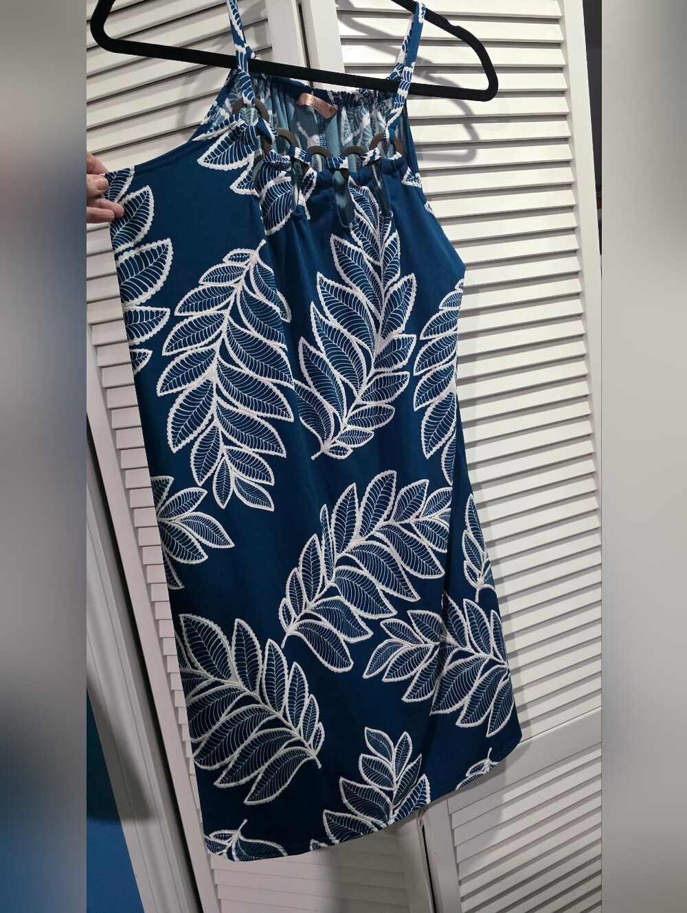 SJS Navy and White Leaf-Print Swim Coverup